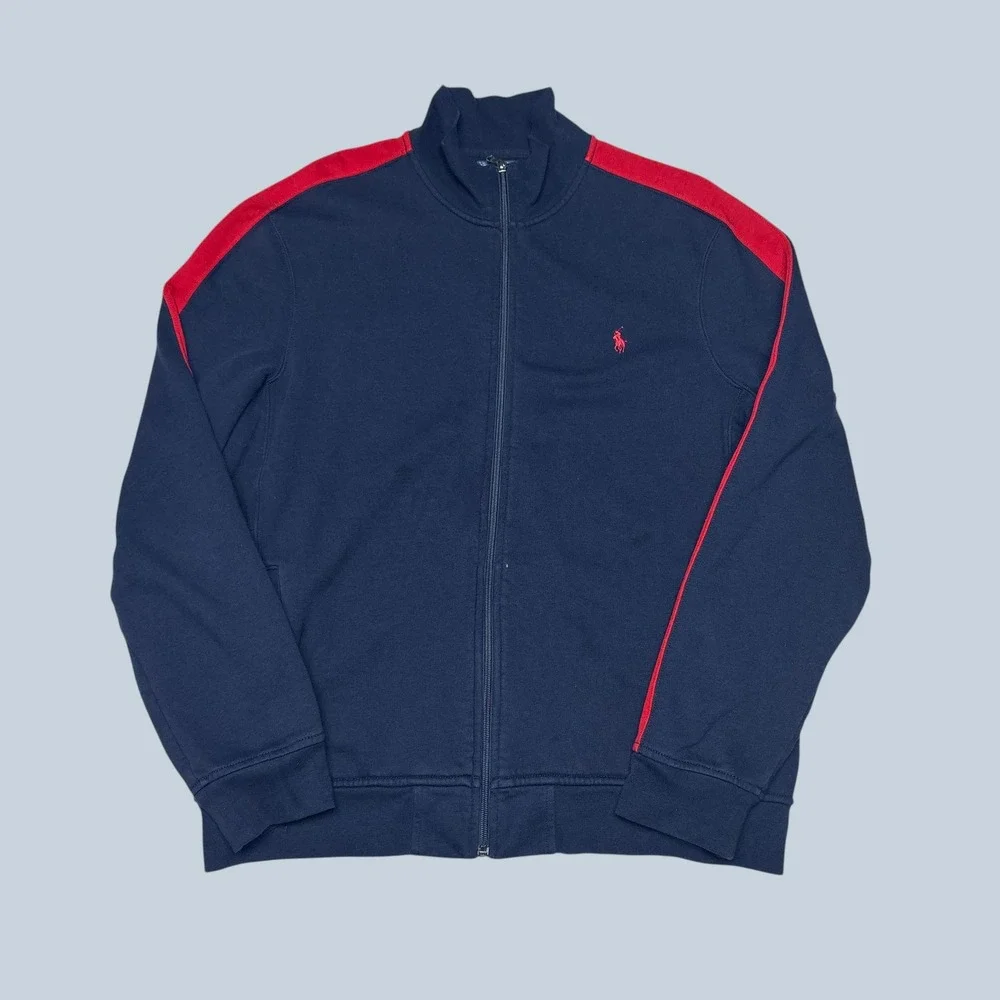 Polo Ralph Lauren Mens XL Track Jacket Navy Blue Red Stripe Full Zip Fleece Logo